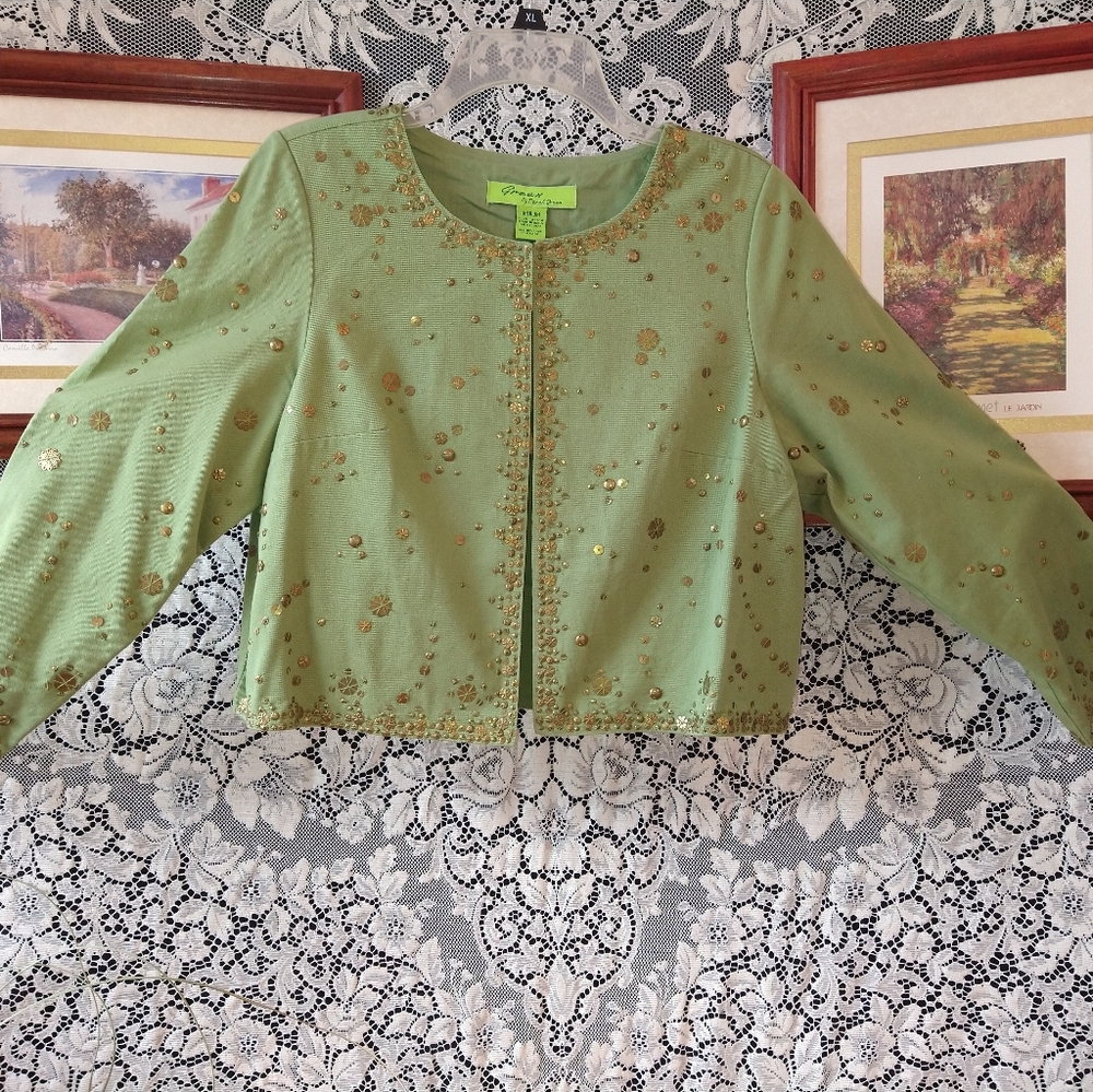 Derek Green cropped green denim jacket gold sequin embellishments cotton vintage
